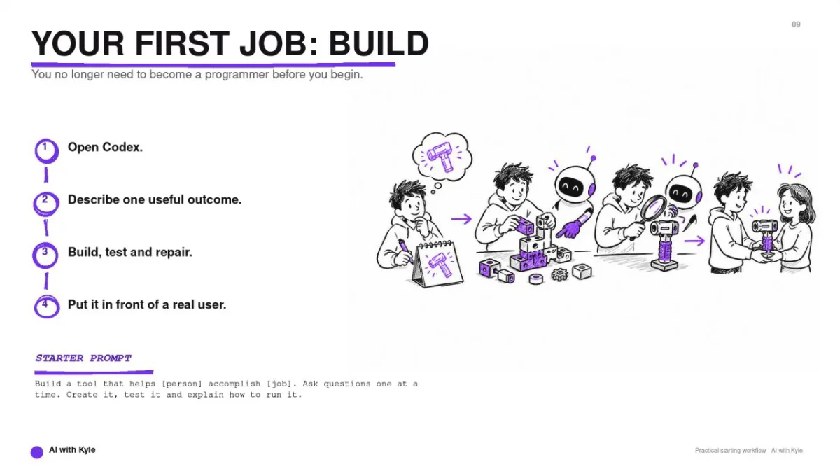 AI with Kyle livestream slide showing a four-step first AI build process