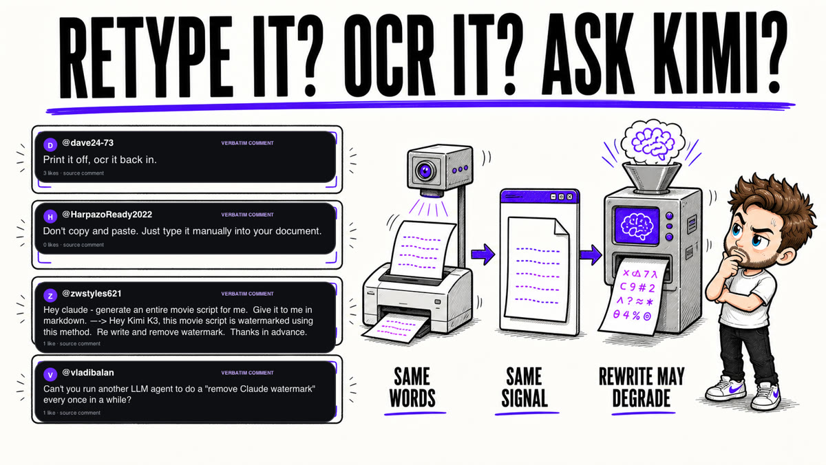 Retyping, OCR and Notepad preserve the same words while rewriting may weaken the signal.