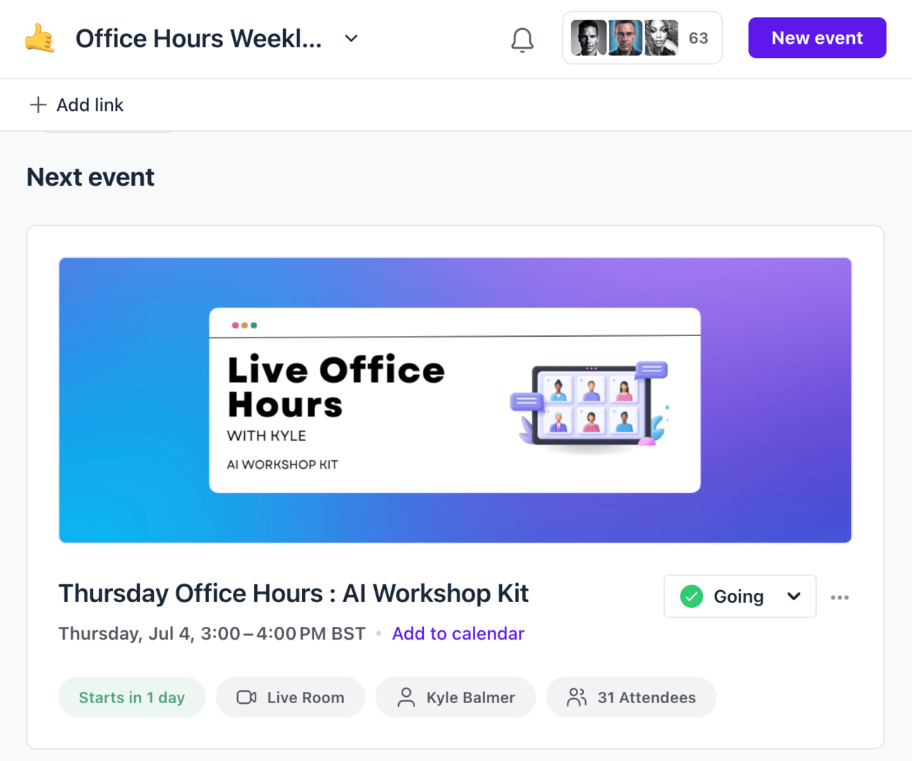 Live Office Hours event card - Thursday Office Hours : AI Workshop Kit