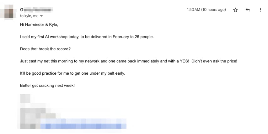Email from Gerry - sold first AI workshop to 26 people
