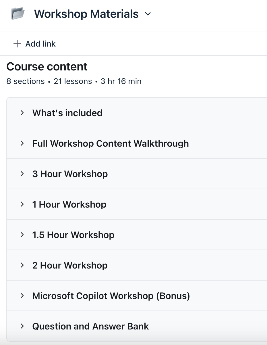 Workshop Materials - 1hr, 1.5hr, 2hr, Microsoft Copilot and Q&A Bank