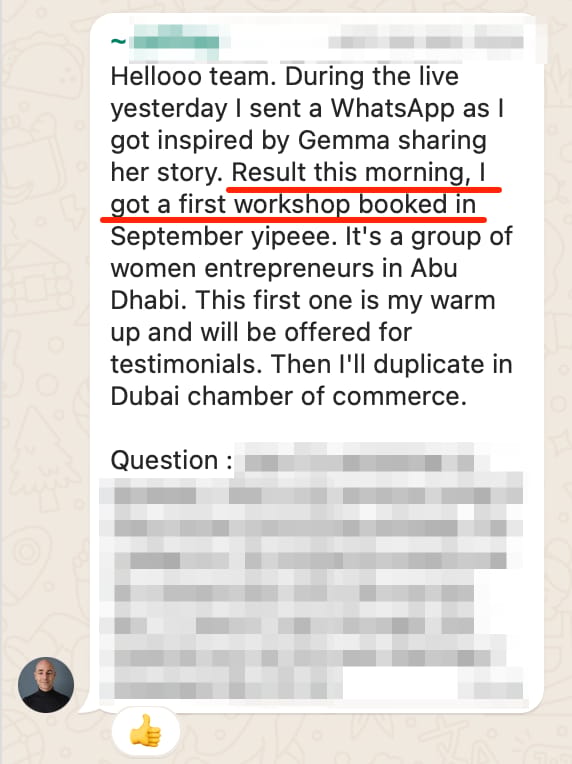 WhatsApp message - member lands Abu Dhabi workshop