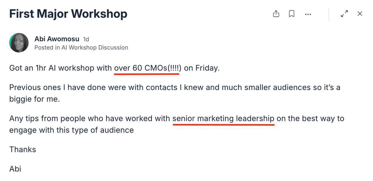 Community post - Abi Awomosu: First Major Workshop (60 CMOs, repeated)