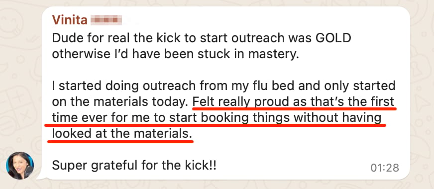 WhatsApp message - Vinita booking workshops from her flu bed