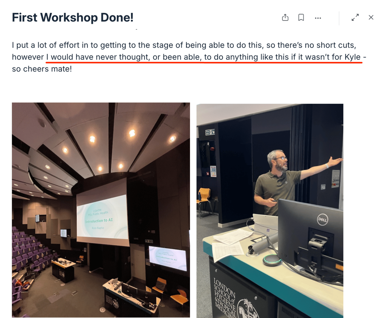 Community post - Ross Baptie: First Workshop Done follow-up with lecture theatre photos