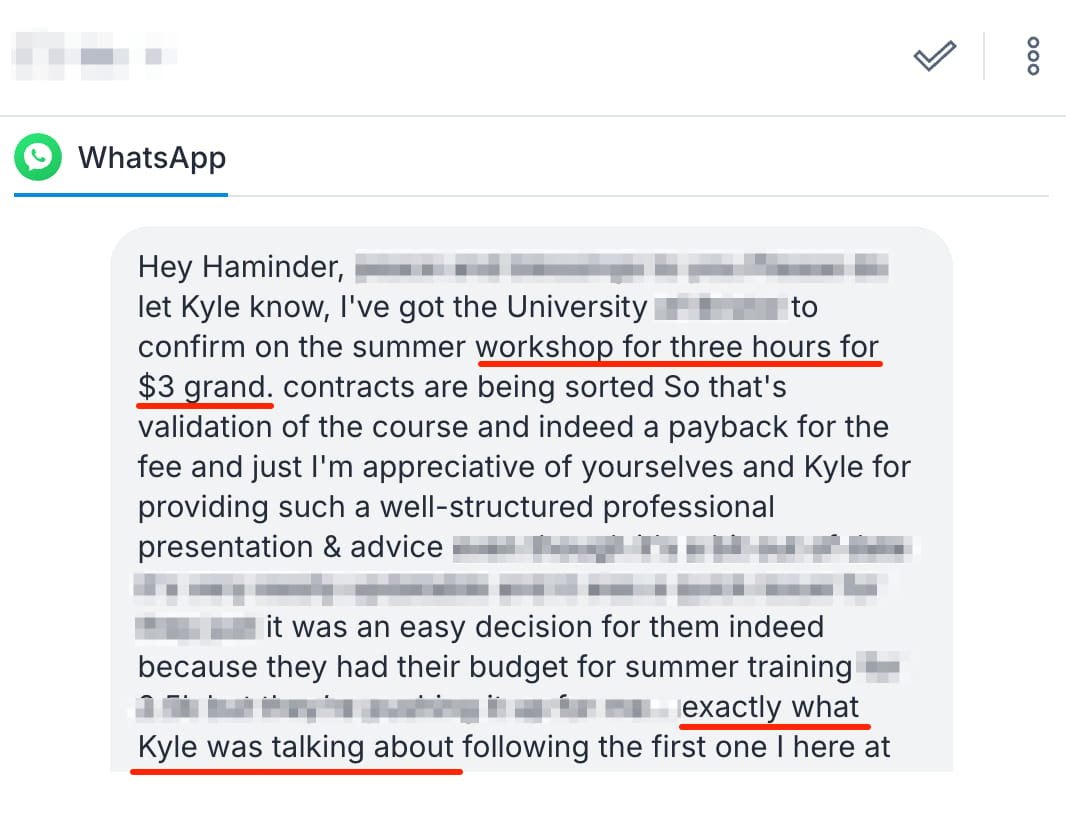 WhatsApp message - student confirms $3,000 university summer workshop