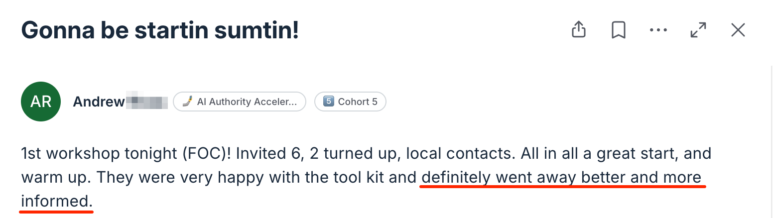 AI Workshop Kit testimonial - Andrew first workshop success