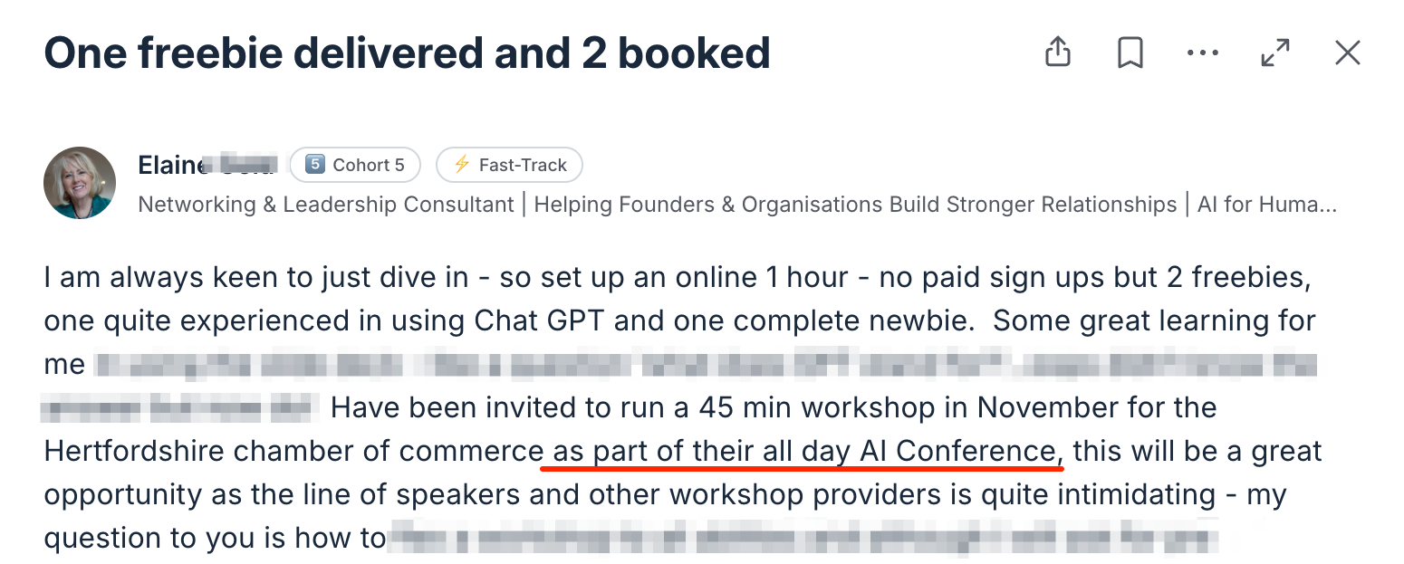 AI Workshop Kit testimonial - Elaine booked for AI conference