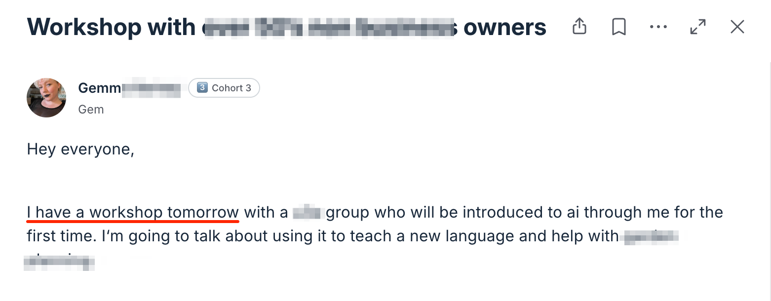 AI Workshop Kit testimonial - Gemma workshop booked