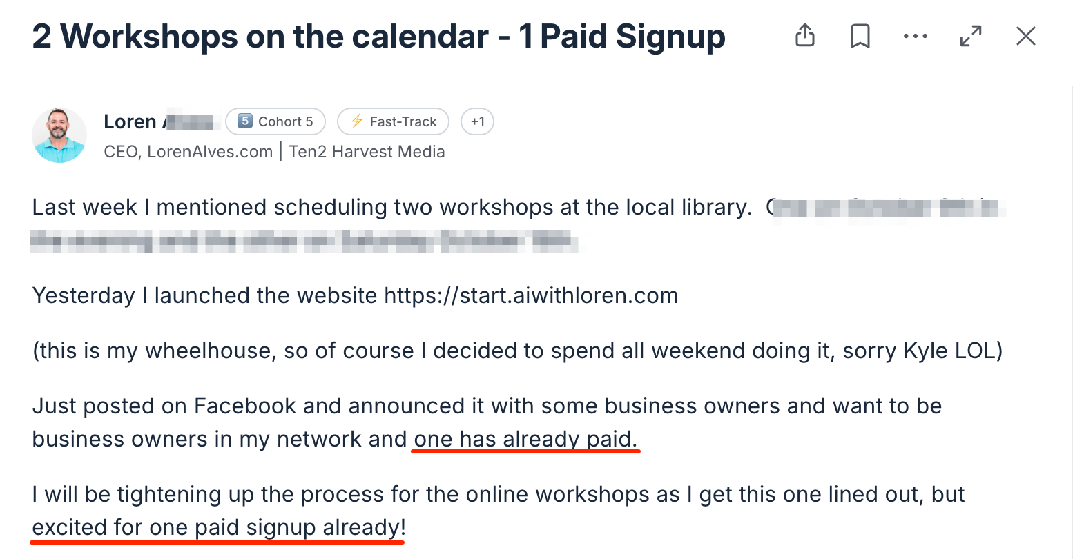 AI Workshop Kit testimonial - Loren two workshops paid signup