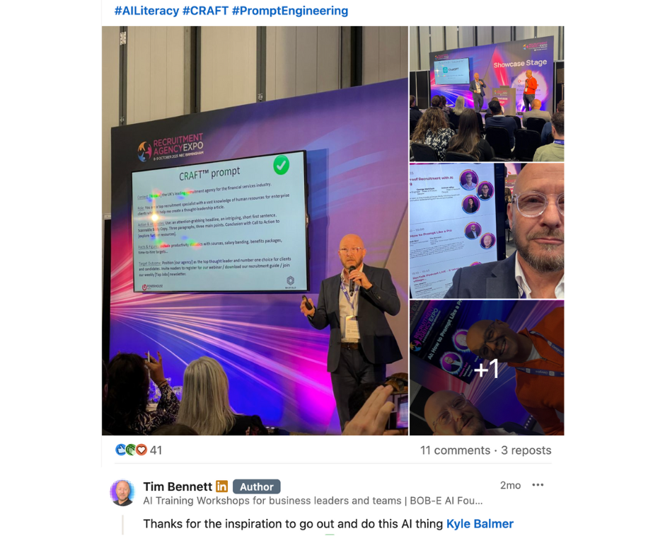 AI Workshop Kit testimonial - Tim Bennett speaking at Recruitment Expo