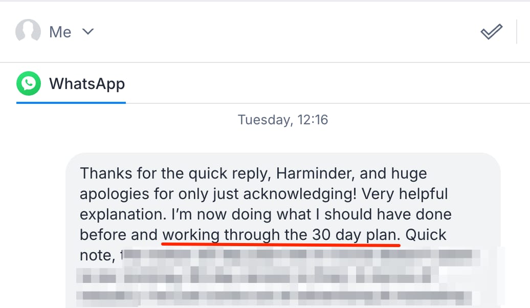 WhatsApp message - student working the 30-day plan